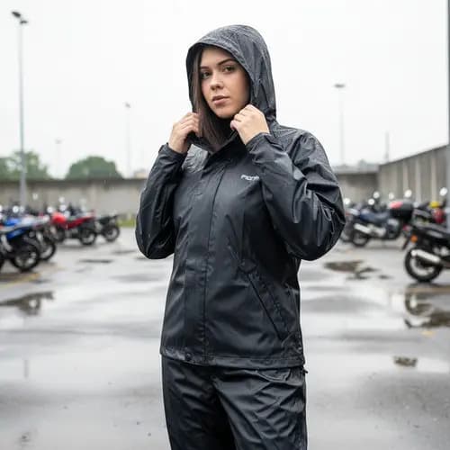 Conjunto Feminino Pioneira Motoqueiro Pvc Com Capuz Preto
