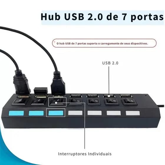 Extensão Hub Usb 2.0 7 Portas Extensão Multi Usb Pen Drive Teclado 480mbps