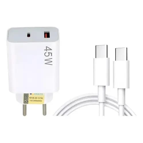 Carregador Turbo 45W Original Conjunto com Saída USB e Tipo-C + Cabo USB Carregamento Rápido Compatível Android e iPhone