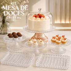 Kit Mesa de Doces LAPIDADO Transparente ou Rosé Boleira Mini Cake Bandejas Tampa Decoração Festa