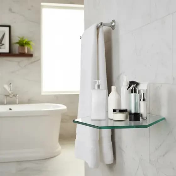Prateleira de Vidro Chanfrado para Shampoo – Canto 25x25 cm, Porta Shampoo para Banheiro e Cozinha.