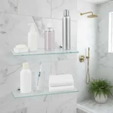 ✨ Prateleiras de Vidro Incolor 35x10cm – Kit 2 com Suporte Banheiro  Lavabo.