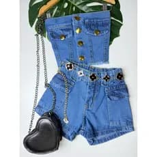 Conjunto infantil jean com cinto moda  casual bem blogueirinha inspiração Ana Castela