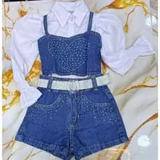 Conjunto Infantil Feminino 3 Peças Jeans Cropped Short Pedrarias Camisa Branca Manga Bufante