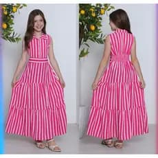 Krica Kids - Vestido Longo Juvenil Listrado Gola Polo Botões Festa 10 ao 16