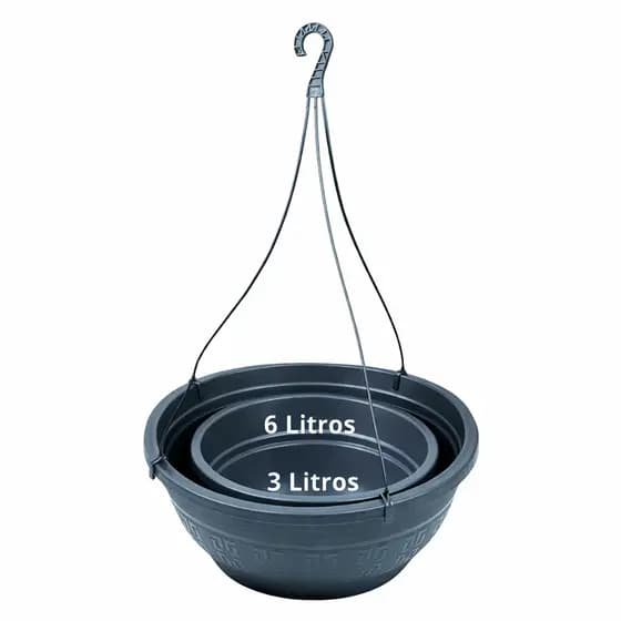 Jogo Kit 2 Vasos Cuia Alça Redondo 3 e 6 Litros Suspenso Jardim Plantas Cor Preto