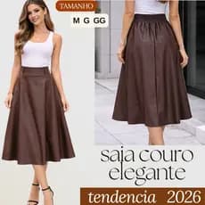 Saia Couro Feminina Midi Elegante Cintura Alta Moda Blogueira Festa Casual