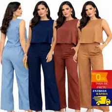 Conjunto Feminino Linho Calça Pantalona + Blusa Elegante Social Tendência