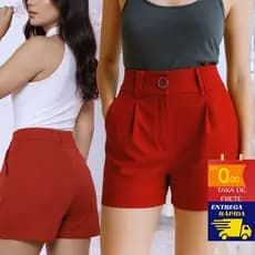 Short Feminino Alfaiataria Cintura Alta com Zíper Tecido Marrante Elegante Premium