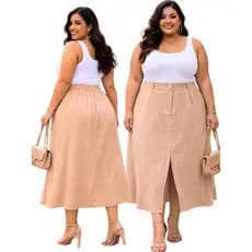 Saia Midi Social Plus Size  Feminina Cintura Alta Alfaiataria Elegante Evangélica Trabalho G1 ao G3