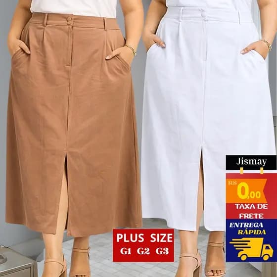 Saia Midi Plus Size Alfaiataria Marrant Cintura Alta Fenda Frontal  Elegante Feminina G1 G2 G3