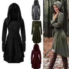 Archer Mulheres Renascentista Arqueiro cosplay Trajes Com Capuz Robe Rendas Até Vintage Pulôver Longo Vestido Manto Hall