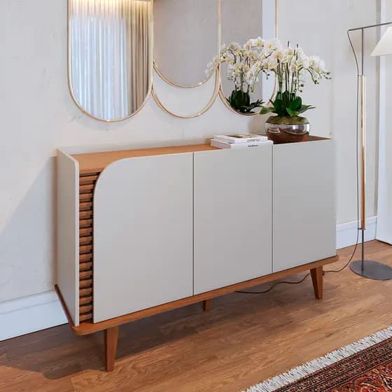 Aparador Buffet Para Sala de Jantar 3 Portas Elora C04 Off White Matte Freijó - Lyam Decor