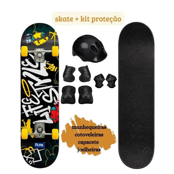 Kit Skate Infantil e Juvenil Semi Profissional até 70kg + Kit de Proteção com Capacete