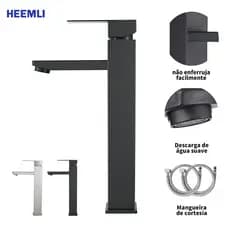 Heemli torneira banheiro inox monocomando Lavabo Saída Alta para Cuba Quadrado Pintura Preta Ajuste de Água Quente Fria