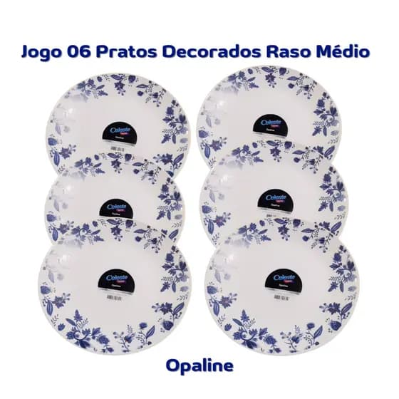 Conjunto Pratos Rasos Opaline Médio 06 Peças Decorados Casa Decor Cozinha Louças JogoHome
