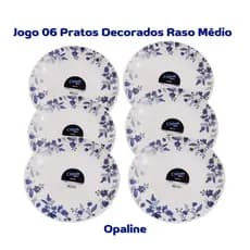 Conjunto Pratos Rasos Opaline Médio 06 Peças Decorados Casa Decor Cozinha Louças JogoHome