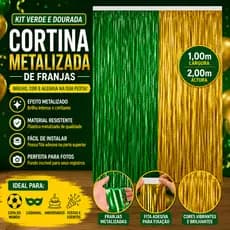 Cortina Metalizada Franja Verde e Dourada 1x2m Decoração Festa Brasil Painel Fundo para Fotos