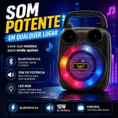Caixa de Som Bluetooth 5.0 Portátil 10W Super Potente Rádio FM USB Cartão de Memória Recarregável