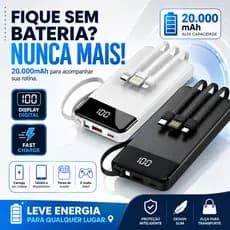 Power Bank 20000mAh Carregador Portátil Fast Charge Tela Digital USB Tipo C Lightning V8 Cabos Integrados