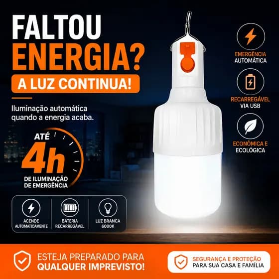 Lâmpada de Emergência LED 15W Recarregável Com Bateria Acende Sozinha Falta de Energia Bivolt