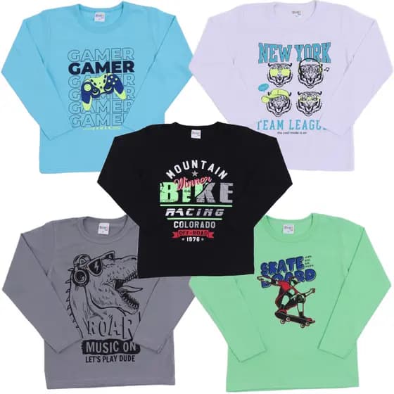 Blusa de Frio infantil Juvenil 2 Ate 16 Anos Camiseta Manga Longa em Algodão 30/1