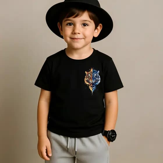 Camiseta Infantil Costura Reforçada Manga Curta Estampada Tigre 2 Caras 100% Algodão Camisa Premium Infantil Para Menino