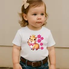 Camiseta Infantil Manga Curta Estampada  Capivara Coroa Flor 100% Algodão Premium Camiseta Infantil Para Menina