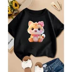 Camiseta Infantil Blusinha Manga Curta Estampada Gatinho IA 100% Algodão Premium Camiseta Infantil Para Menina