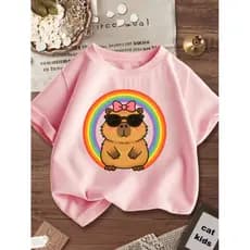 Camiseta Infantil Blusinha Manga Curta Estampada Capivara Oculos De Sol 100% Algodão Premium Camiseta Infantil Menina
