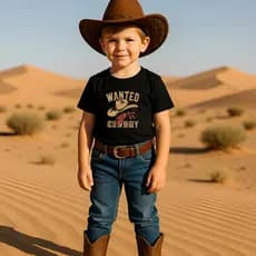 Camiseta Infantil Costura Reforçada Manga Curta Estampada Wanted Cowboy 100% Algodão Camisa Premium Infantil Para Menino