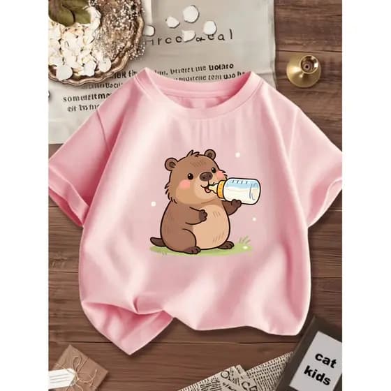 Camiseta Infantil Blusinha Manga Curta Estampada Capivara Mamadeira 100% Algodão Premium Camiseta Infantil Para Menina