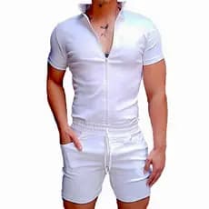 Macaquinho Masculino Gola Padre de Zipper Branco Moda Masculina Verão Casual