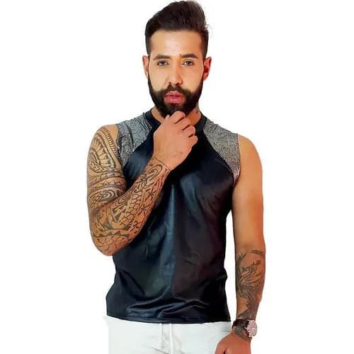 Regata Masculina JotaVê Machão em Cirrê Preto Detalhe Prateado Moda Masculina
