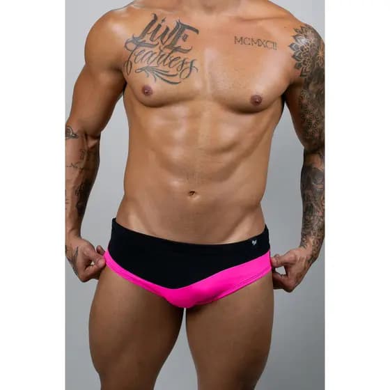 Sunga Slim Neon Pink Com Preto Masculina Rosa Moda Praia Verão Piscina Confortável