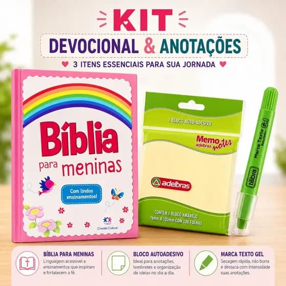 Kit Bíblia Para Meninas + Bloco Adesivo + Marca Texto