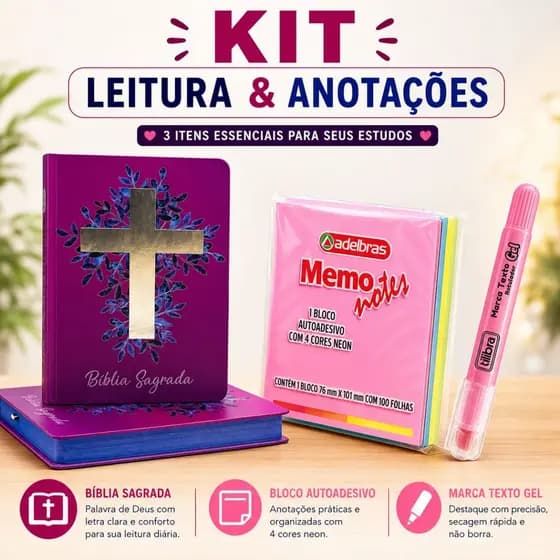 Kit Bíblia Sagrada NAA Vinho + Bloco Adesivo + Marca Texto