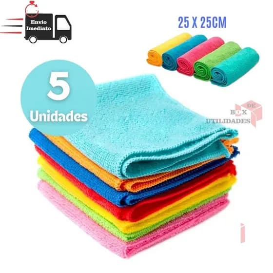 Kit 5 Panos Limpeza Microfibra 25x25cm Carro Móvel Vidro Casa Pano Flanela para Limpeza Geral