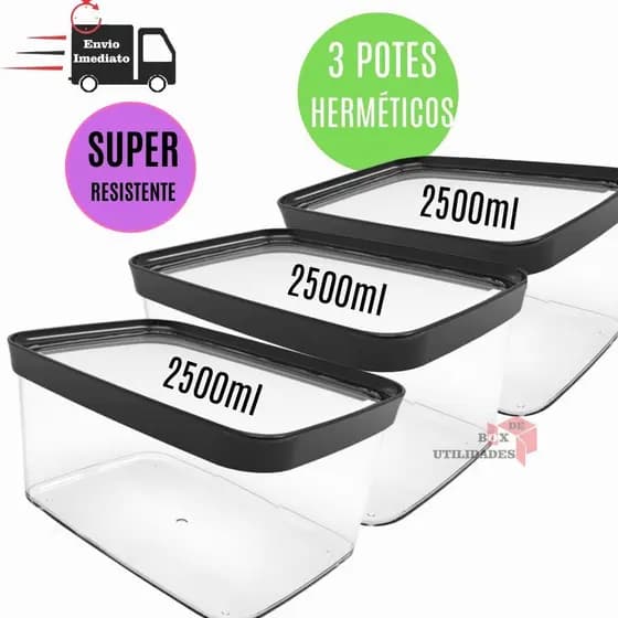 Conjunto Com 3 Potes Herméticos Cozinha 2,5 Litros  Kit Com 3 potes Hermeticos 2500ml Porta Mantimentos para grãos arroz ração Resistente