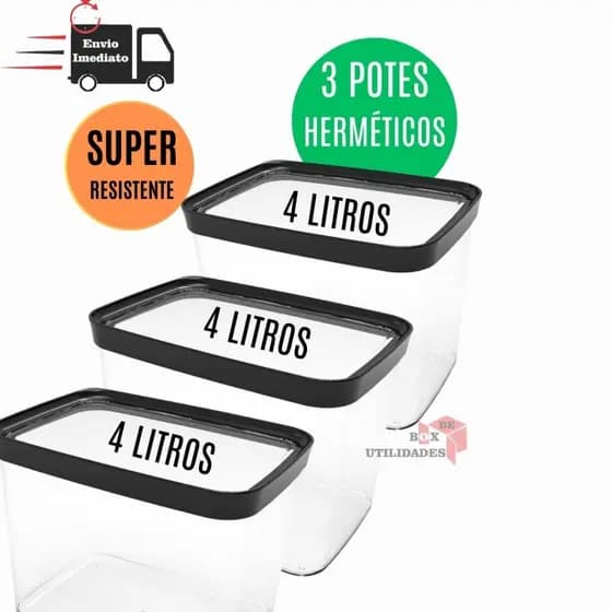 Conjunto Com 3 Potes Herméticos Cozinha  4 Litros Kit Com 3 potes Hermeticos 4000ml Porta Mantimentos para grãos arroz ração Resistente