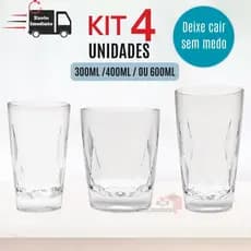 Kit Com 4 Copos Resistente Em Policarbonato Geometric Para Água Sucos Não Quebram Helsim 300ml Ou 400ml Ou 600ml