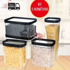 Kit 5 Potes Herméticos Cozinha  4L / 2.5L / 2L /2* 1.5L  - 4000 ML / 2500 ML / 2000ML /2* 1500 ML -  Porta Mantimentos para Grãos Arroz Ração Maracarrão Feijão Farinha Açucar Café Resistente