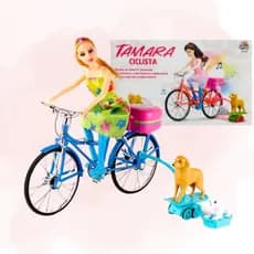 Boneca Ciclista Com Bicicleta E Cachorro Gira 360 Pedala Som Luz Infantil