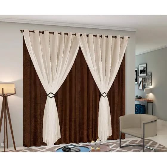 Cortina Cetim Amassadinho com Voil e Presilhas 4,00m x 2,50m Cecilia Para Sala Quarto