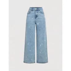 Calça Jeans Feminina Pantalona Wide Leg Com Bolsa Cintuta Alta Com Glitter