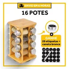 Kit Com Porta-Temperos Giratório De Bambu (1 Unidade) + 16 Potes De 100ml + 16 Etiquetas + Caneta