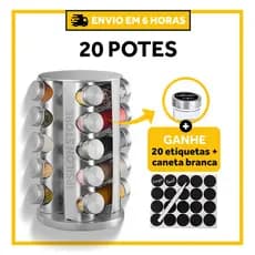 Kit Com Porta-Temperos Giratório de Inox (1 unidade) + 20 Potes de 100ml + 20 Etiquetas + Caneta