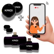 Microfone Lapela Sem Fio Duplo Kaidi Profissional Portátil Gravação Celular iPhone Tipo C Redondo