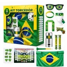 Combo Torcedor Copa Brasil 2026 Kit 12 Itens Bandeira Óculos Pulseira Vuvuzela Pintura Adesivo