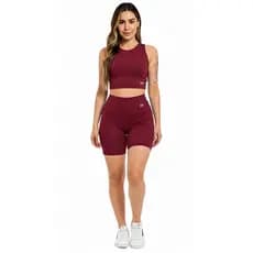 Conjunto Fitness Feminino Marsala – Top + Bermuda Cintura Alta